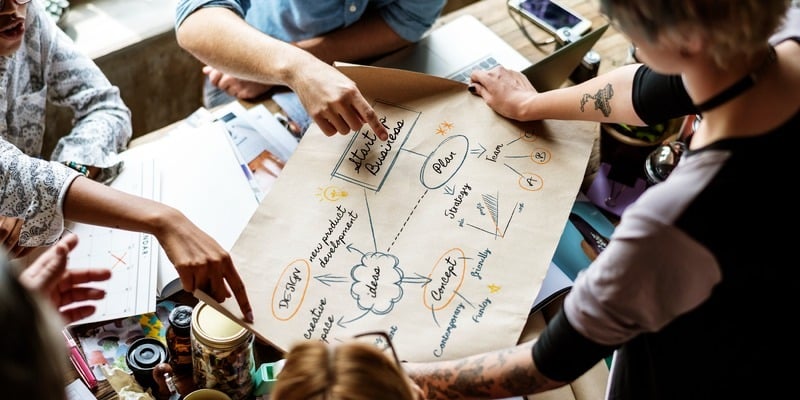 Colleagues collaborate around a table to discuss business automation