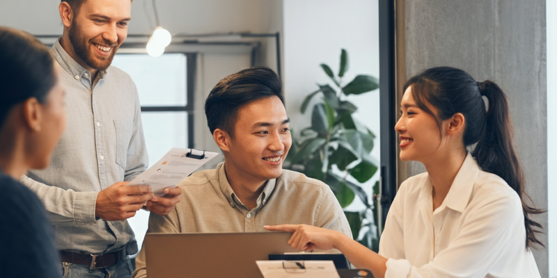 Workers smile during a group discussion in the office