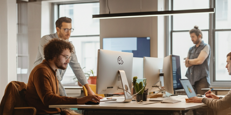 Marketing team sits around the computer screens on their shared desk 