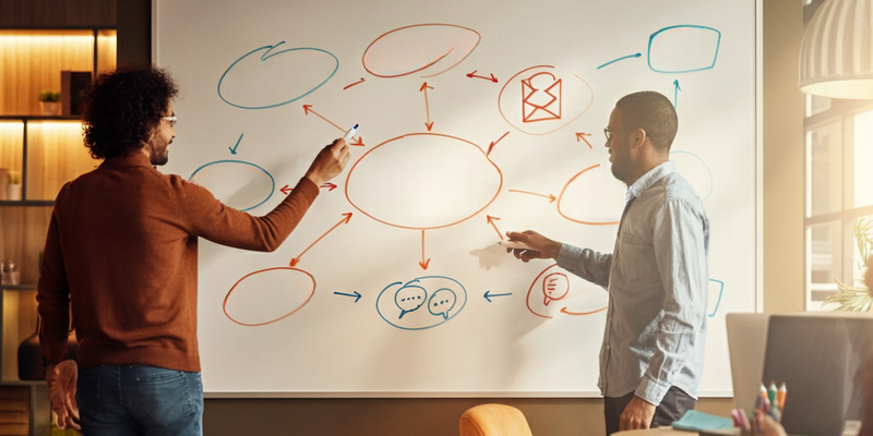 Teammates plot out marketing campaign on a whiteboard prior to launch. 