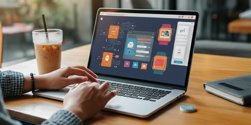 Person works on their computer while relaxing at their desk with an iced coffee