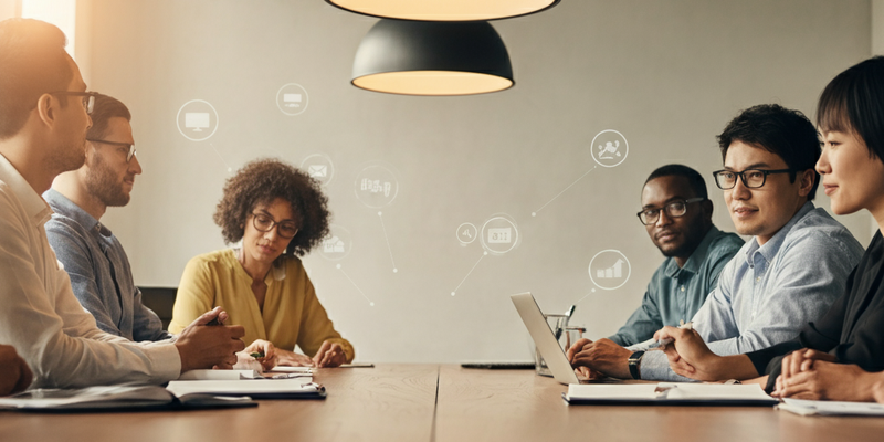 Two teams sit at the boardroom table as they work out a deal