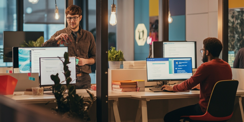 Workers in a startup office update their computer systems 